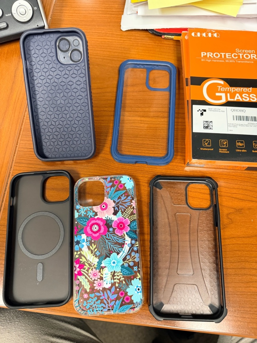 Blue Floral and Solid Blue iPhone 15 cases and screen protectors Case Set